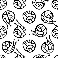 Seamless pattern with snails. Black vectorized drawing on white background. EPS10. Clipping mask applied. This pattern is available as Swatches.