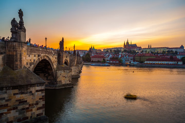 Prague castle and Charles bridge at sunset, Czech republic