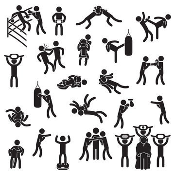 Fighting icon set. Boxing, mixed martial arts, wrestling and others. Vector.