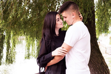 Couple in love walking in the park