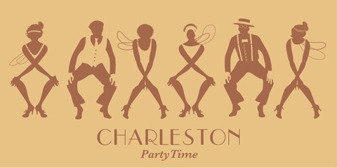 Silhouettes of four flapper girls and two man wearing retro clothes dancing Charleston. Vector Illustration