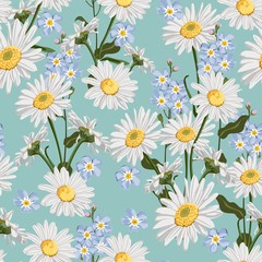 Obraz premium Seamless pattern with chamomile (camomile), leaves, and forget-me-not flowers on blue background. 