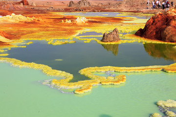 Out-this-planet view to Dallol volcano crater at Danakil Depression and sulfur, salt, potassium,...