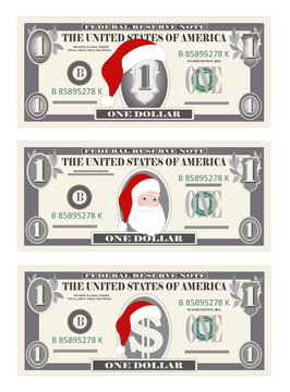 Design template one Dollar Banknotes with Santa Claus and red hat.