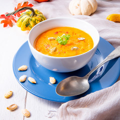 healthy pumpkin soup with ginger carrots and coconut milk