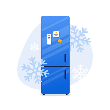 Fridge Home Kitchen Appliances With Snoflakes. Frosty Freshness Concept Freezer. Vector Illustration Blue Refrigerator