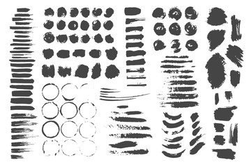 Set of elements and textures made with ink. Circles, stripes, wave, drop. Hand drawn. Collection for your design. Vector illustration. - obrazy, fototapety, plakaty