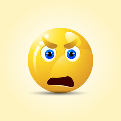 Angry smiley with blue eyes, emoticon with dislike. Yellow face with emotions.