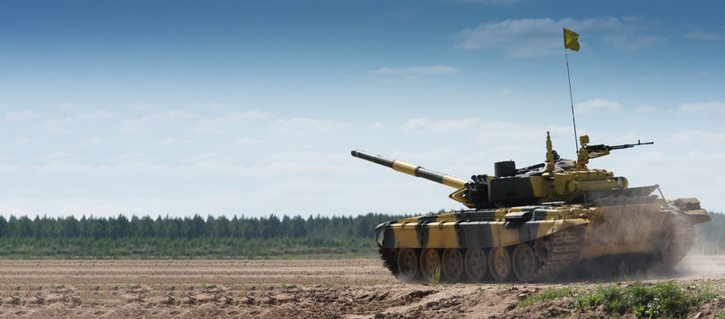 Army tank. Military training. Summer military exercises. Copyspace