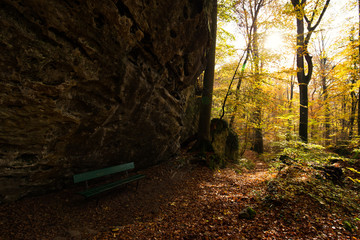 Bench under a big rock in the forest, for a rest