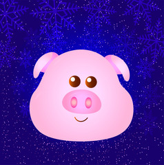 Happy New Year - winter greeting card with a cute pig cartoon. Flat vector design with animal pig on snow pattern