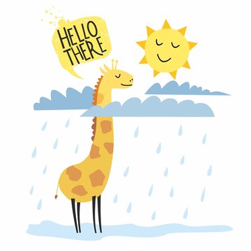 Card print with cute giraffe in the clouds with sun