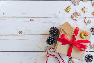 Christmas background and christmas decoration presents concept, top view with copy space.