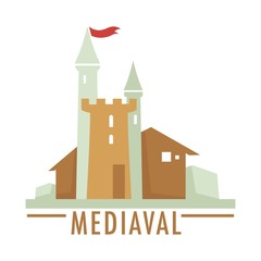 Medieval castle with flag ribbon top, architecture of old times