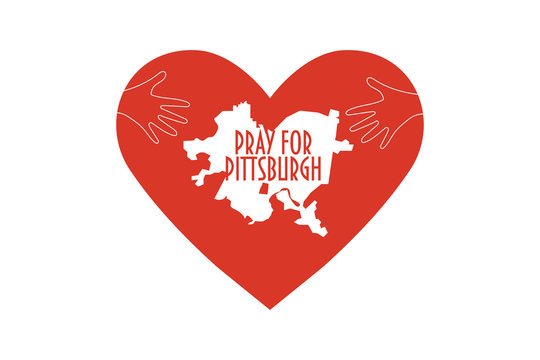 Pray for Pittsburgh Squirrel Hill Vector Illustration. Donate, relief or help victims icon. Heart, map and text: Pray for Pittsburgh. Support for volunteer charity work after synagogue mass shooting
