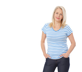 Friendly smiling middle-aged woman isolated on white background