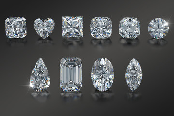 Ten the most popular diamond shapes on black glossy background. 3D illustration