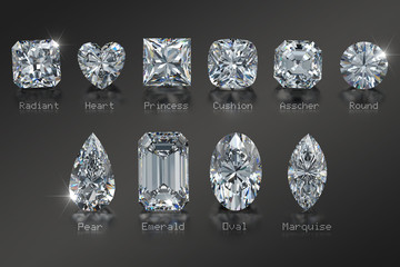 Ten the most popular diamond shapes with titles on black glossy background. 3D illustration