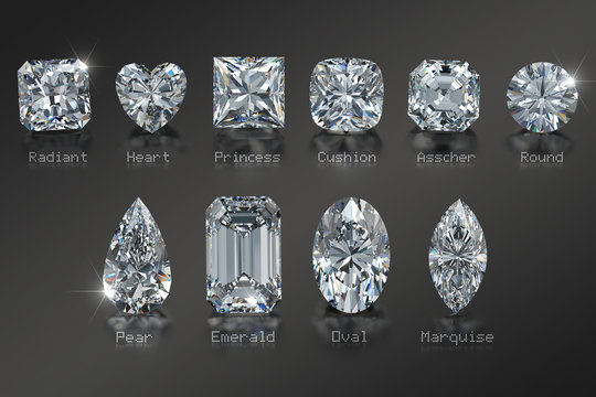 Ten the most popular diamond shapes with titles on black glossy background. 3D illustration