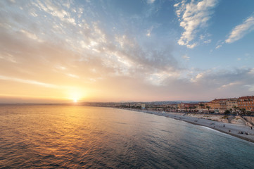 panoramic view of the English promenade, Promenade d Anglais  in Nice, France on sunset