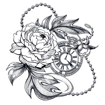 Composition with flower and pocket watch on chain. Vector illustration for tattoo. Time symbol