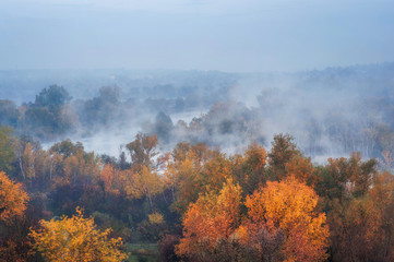 amazing aerial view of  blue foggy river and colorful forest on sunrise. autumn landscape