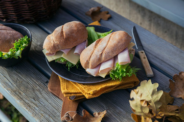 Ciabatta baguette sandwiches with ham, cheese and lettuce