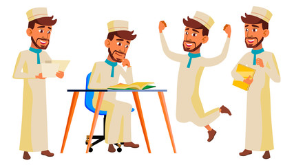 Teen Boy Poses Set Vector. Arab, Muslim. Positive Person. For Postcard, Cover, Placard Design. Isolated Cartoon Illustration
