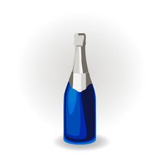 Champagne in a blue bottle with a silver top. Vector illustration.