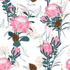Seamless pattern with protea and many different flowers, leaves and spiral eucalyptus.