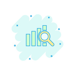 Vector cartoon financial forecast icon in comic style. Analytics financial forecast concept illustration pictogram. Diagram with loupe business splash effect concept.