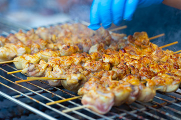 japanese traditional yakitori, chicken grilled as the famous street food of japan