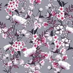 Behang Grijs Trendy bloemmotief in de vele soorten bloemen. Botanische motieven verspreid willekeurig. Naadloze vectortextuur. Elegante sjabloon voor modeprints.