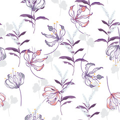 Trendy  Floral pattern in the many kind of flowers. Blooming botanical  Motifs scattered random. Seamless vector texture for fashion prints.