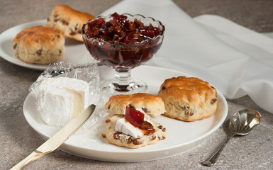 Breakfast. Sultana Scones. Quince Preserve With Walnuts. Goat Cheese.