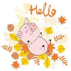 Vector cute autumn illustration with pig and leaves.
