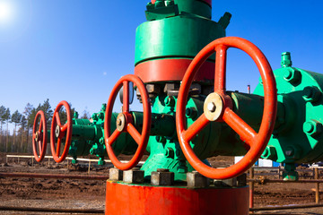Oil and gas processing plant with pipe line valves. Oil pipeline valves in the oil and gas...