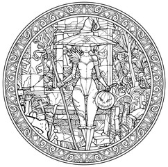 Young witch with a broom and a pumpkin