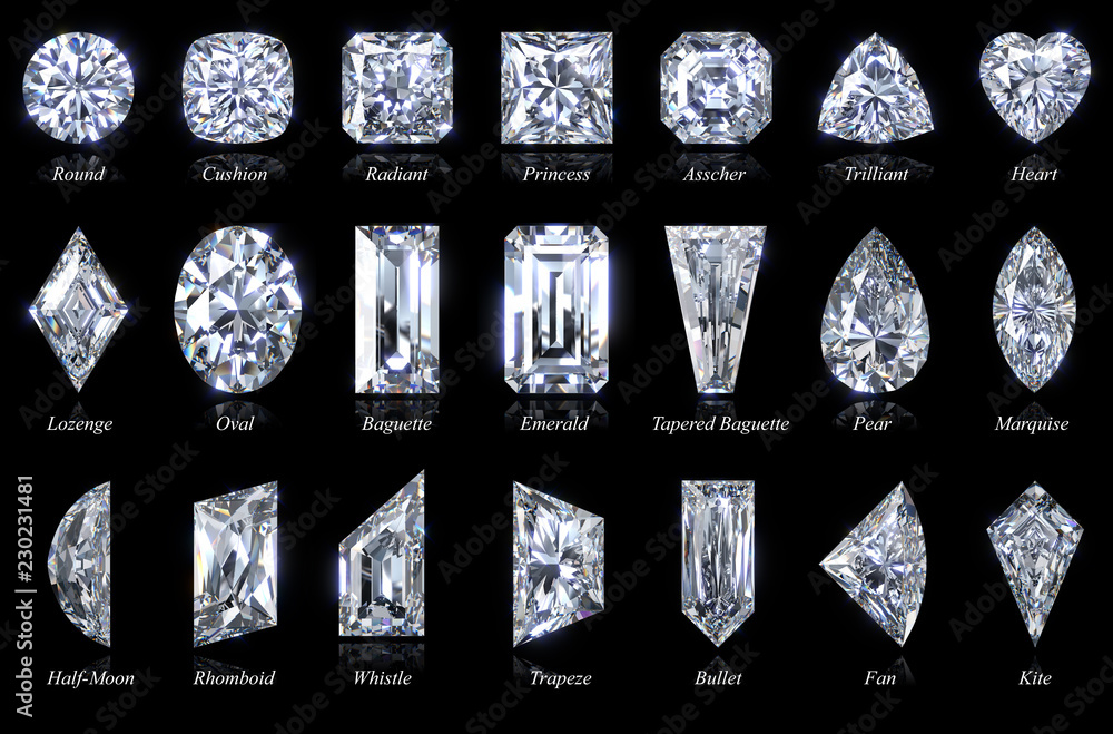 Wall mural twenty one fancy cut diamonds with shape titles isolated on black background. 3d illustration