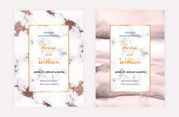 Marble wedding invitation card with rose gold foil and watercolor texture. Modern design template for celebration, banner, save the date, poster, flyer