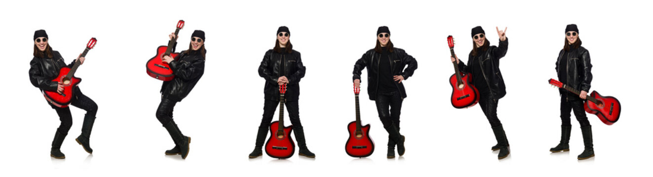 Young guitar player isolated on the white