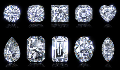 Ten the most popular diamond shapes isolated on black background. 3D illustration - obrazy, fototapety, plakaty