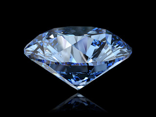 Big blue round diamond side view isolated on black background. 3D illustration