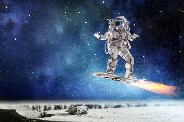 Spaceman on flying board. Mixed media