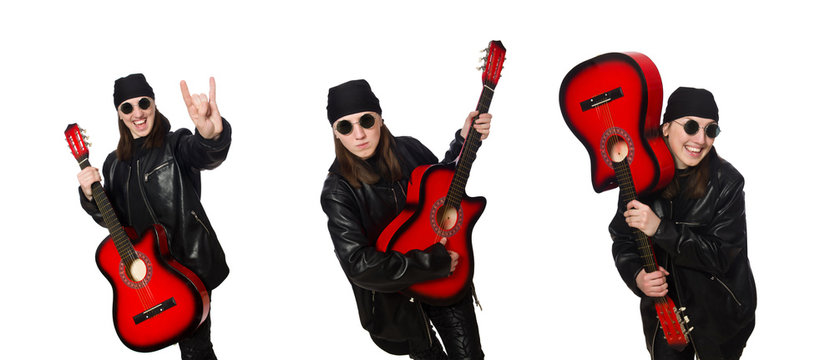 Young guitar player isolated on the white