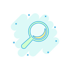 Vector cartoon magnifying glass icon in comic style. Search magnifier illustration pictogram. Find search business splash effect concept.