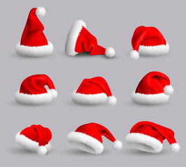 Collection of Red Santa Claus Hats isolated on gray background. Set. Vector Realistic Illustration.