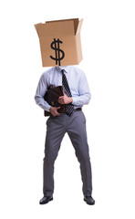 Businessman with dollar box on his head