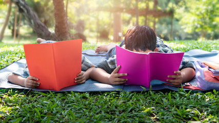 Cute two asian student boy reading book in the nature park with sunlight  background, people, learning, relax, education and Natural classroom concept..