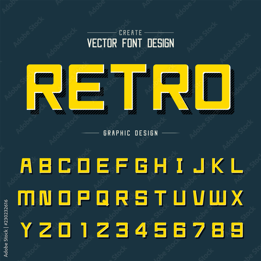 Poster font and alphabet vector, style square typeface letter and number design, graphic text on background